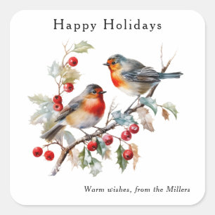Elegant Watercolor Robin Happy Holidays Custom Square Sticker