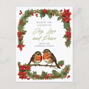 Elegant Watercolor Robins and Wreath Christmas Holiday Postcard