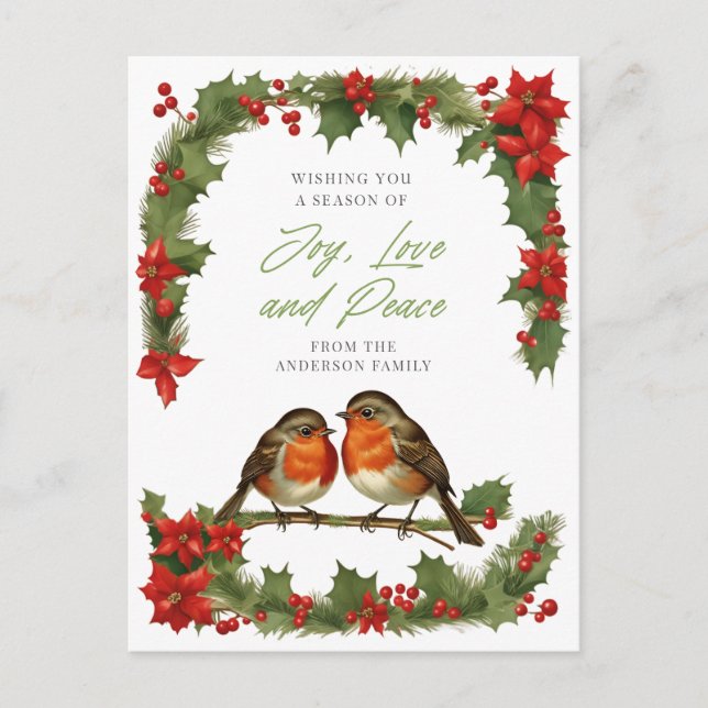 Elegant Watercolor Robins and Wreath Christmas Holiday Postcard (Front)