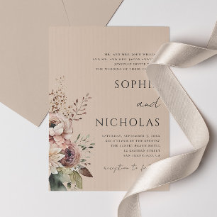 Elegant watercolor romantic beige floral wedding  invitation
