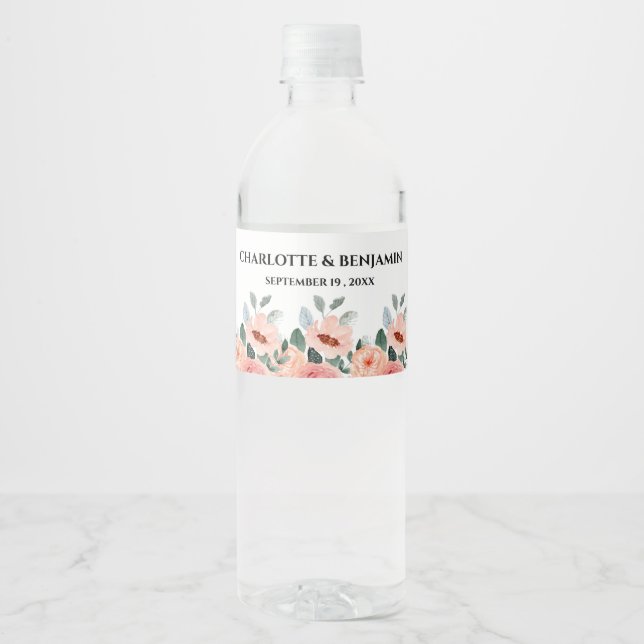 Elegant Watercolor Romantic Floral Wedding Water Bottle Label (Front)