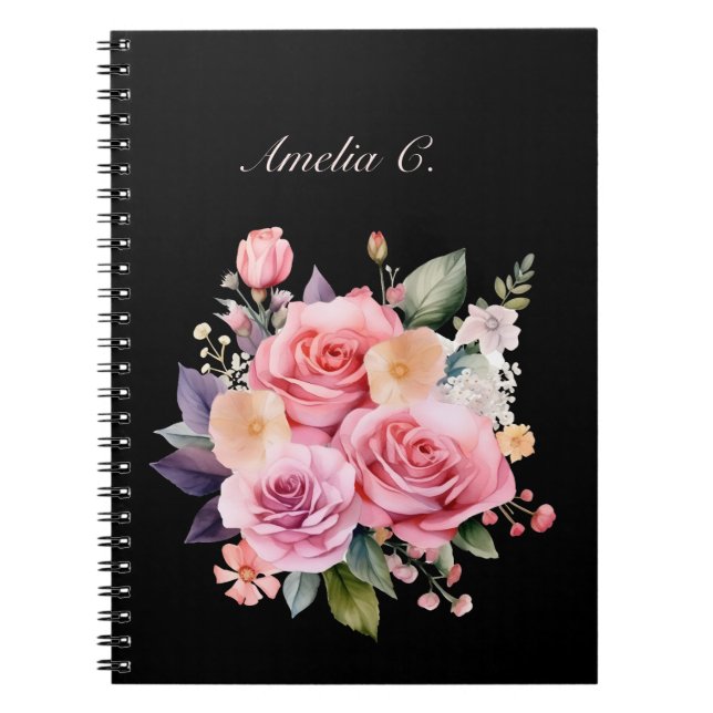 Elegant Watercolor Rose Bouquet Black Notebook (Front)