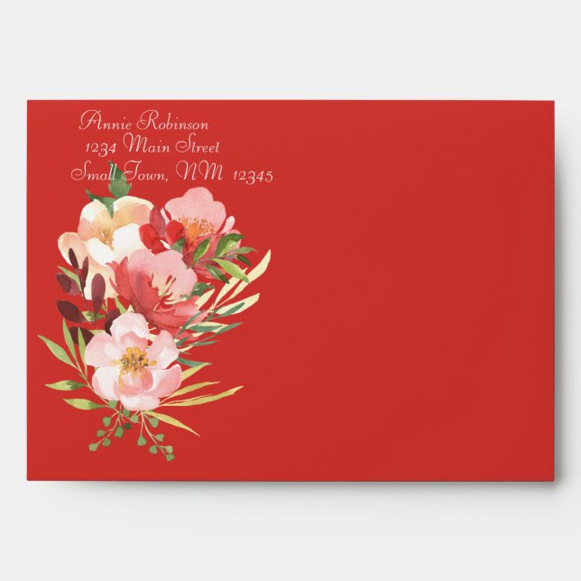 Elegant Watercolor Rose Bouquet Coral Envelope (Front)