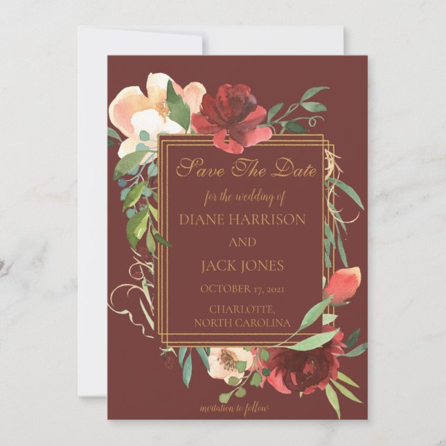 Elegant Watercolor Rose Bouquet Gold Frame Invitation (Front)