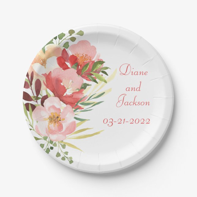 Elegant Watercolor Rose Bouquet Paper Plate (Front)