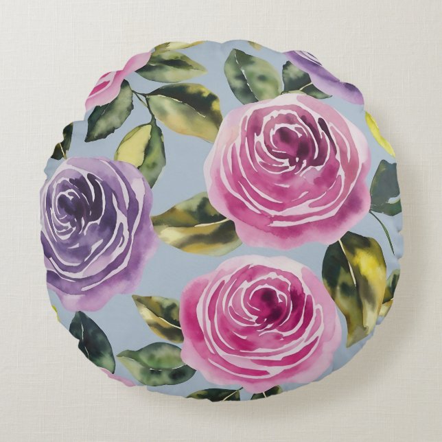 Elegant Watercolor Rose Floral Design Round Cushion (Front)