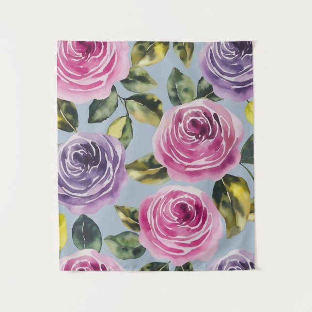 Elegant Watercolor Rose Floral Design Tapestry (Front)