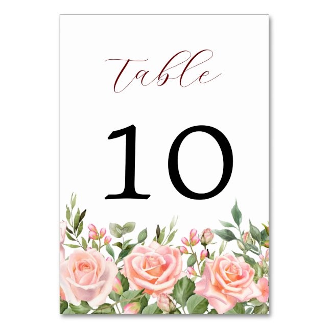 Elegant Watercolor Rose Florals Wedding  Table Number (Front)