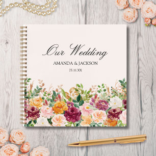 Elegant Watercolor Rose Flower Wedding Guestbook Notebook
