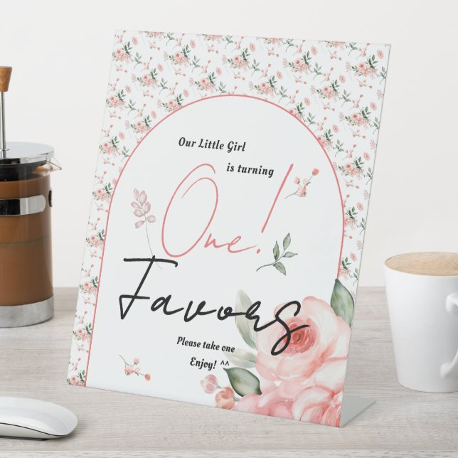 Elegant Watercolor Rose Girl 1st Birthday Favours Pedestal Sign (In SItu)
