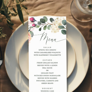 Elegant Watercolor Rose & Greenery. Floral Wedding Menu
