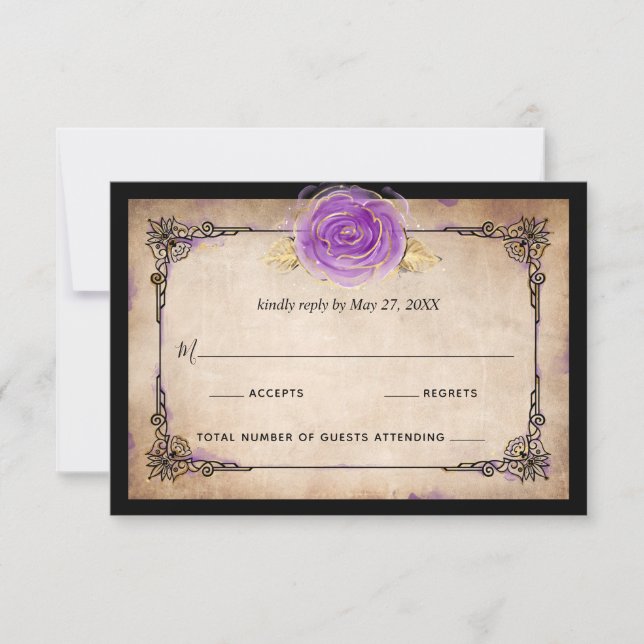 Elegant Watercolor Rose Rustic Gold Purple Wedding RSVP Card (Front)