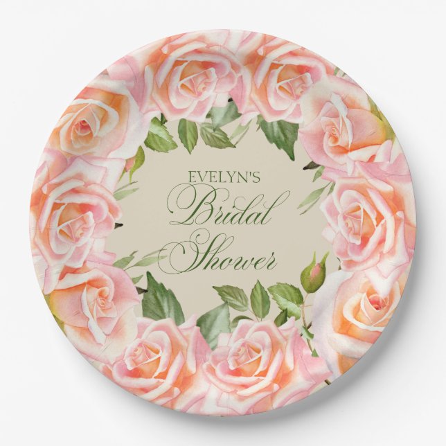 Elegant Watercolor Roses Bridal Shower Paper Plate (Front)