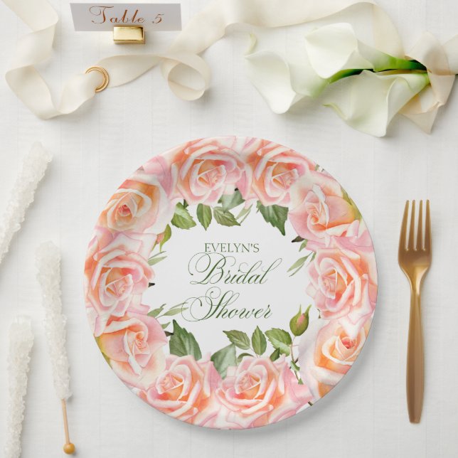 Elegant Watercolor Roses Chic Bridal Shower Paper Paper Plate (Wedding)