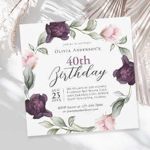 Elegant Watercolor Roses Floral 40th Birthday Invitation