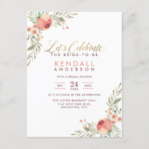 Elegant Watercolor Roses Floral Bridal Shower Invitation Postcard