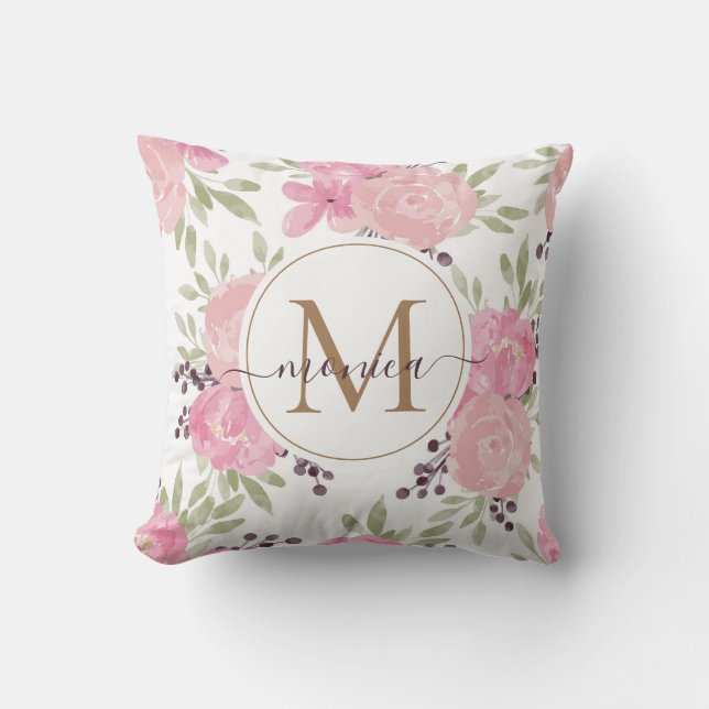 Elegant Watercolor Roses Floral Gold Monogrammed Cushion (Front)