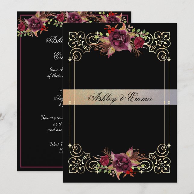 Elegant Watercolor Roses Gold Frame Wedding Invitation (Front/Back)