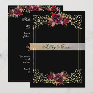 Elegant Watercolor Roses Gold Frame Wedding Invitation