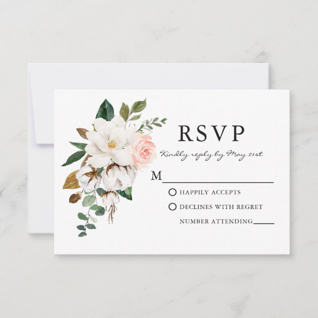 Elegant Watercolor Roses Magnolias Wedding RSVP Card (Front)