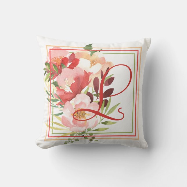 Elegant Watercolor Roses Monogram Cushion (Front)