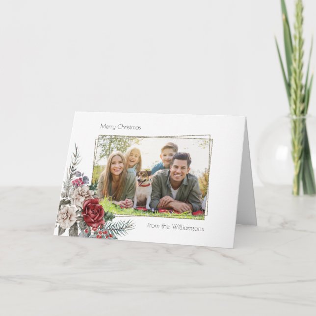 Elegant Watercolor Roses, Pine & Gold Frame Photo Holiday Card (Front)