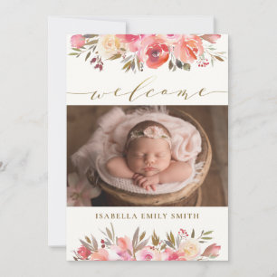 Elegant Watercolor Roses Script Calligraphy Birth Announcement