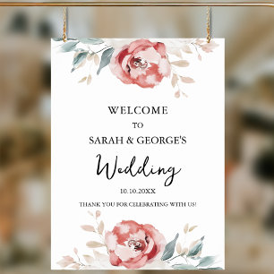 Elegant Watercolor Roses Wedding Welcome Sign 