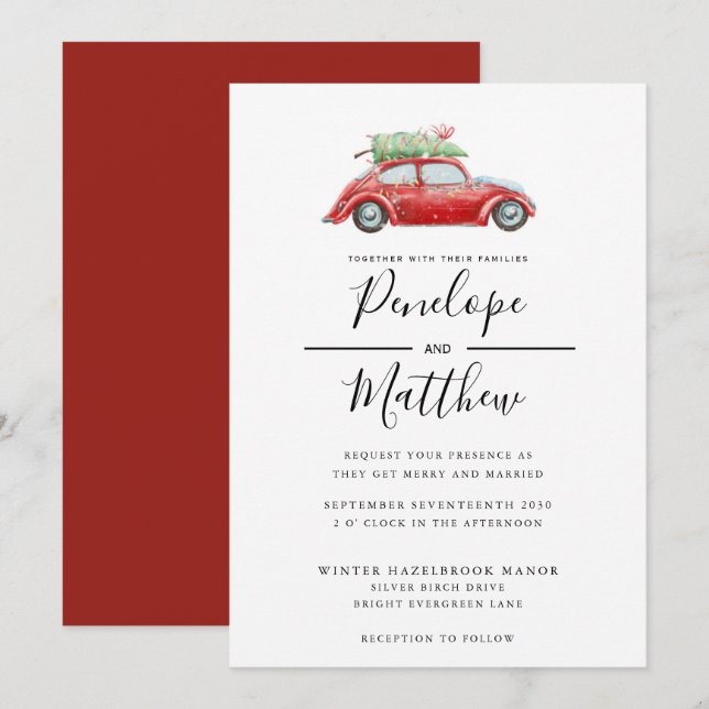 Elegant Watercolor Rustic Car Christmas Wedding Invitation (Front/Back)