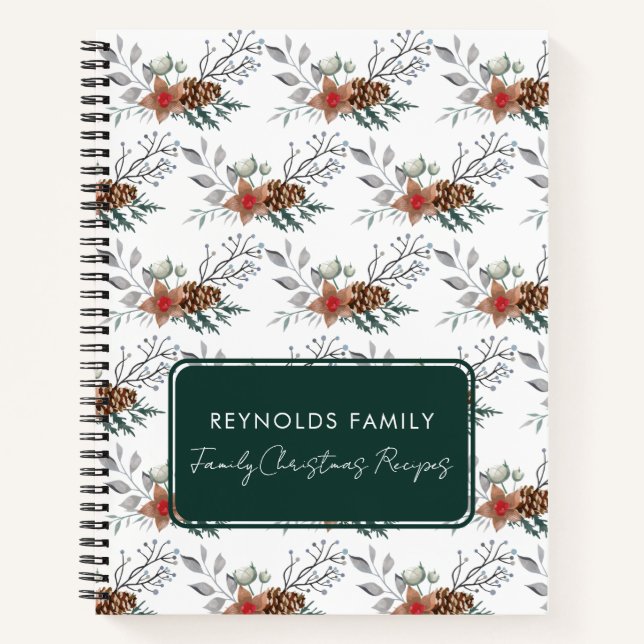 Elegant Watercolor Rustic Christmas Holiday Recipe Notebook (Front)