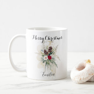 Elegant Watercolor Rustic Pine Floral Christmas Coffee Mug