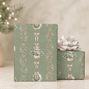 Elegant Watercolor Sage Christmas Wreath Wrapping Paper