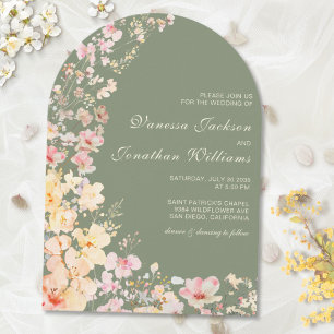 Elegant Watercolor Sage Green Wildflowers Wedding Invitation