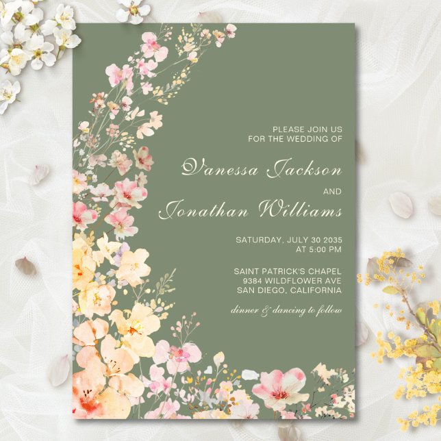 Elegant Watercolor Sage Green Wildflowers Wedding Invitation (Creator Uploaded)