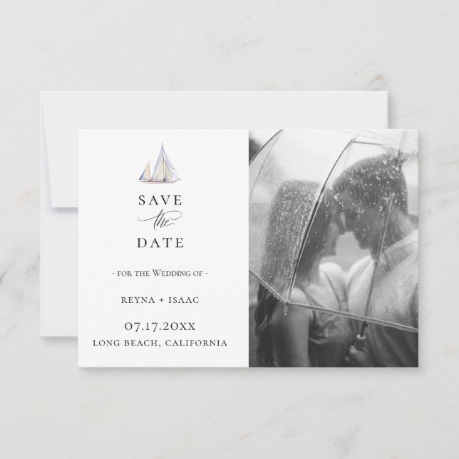 Elegant Watercolor Sailboat Photo Save The Date Announcement (Front)