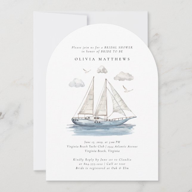 Elegant Watercolor Sailing Yacht Bridal Shower  Invitation (Front)