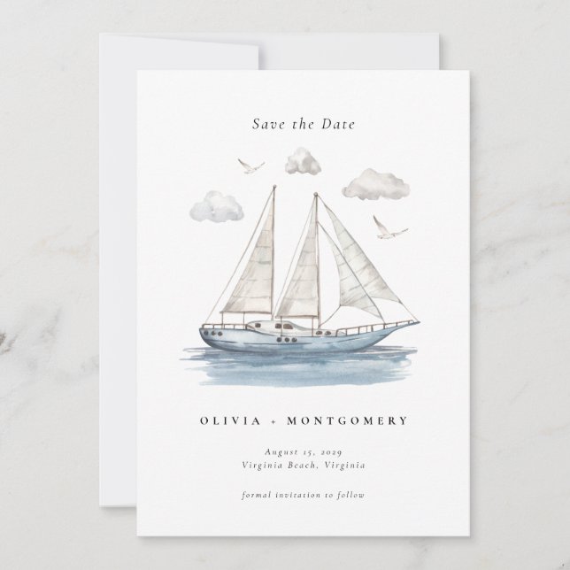 Elegant Watercolor Sailing Yacht Save the Date  Invitation (Front)