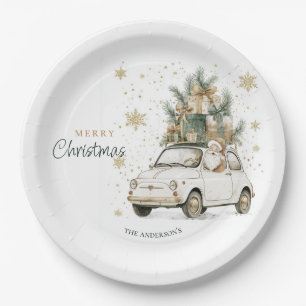 Elegant Watercolor Santa Car Snow Christmas Party  Paper Plate