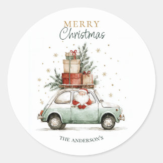 Elegant Watercolor Santa Car Snow Merry Christmas Classic Round Sticker