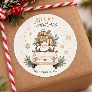 Elegant Watercolor Santa Car Snow Merry Christmas Classic Round Sticker