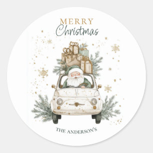 Elegant Watercolor Santa Car Snow Merry Christmas  Classic Round Sticker