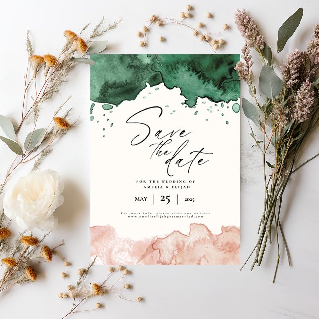 Elegant Watercolor Save the Date Wedding  Invitation (Elegant Save the Date card invitation with emerald green and blush pink watercolor borders)