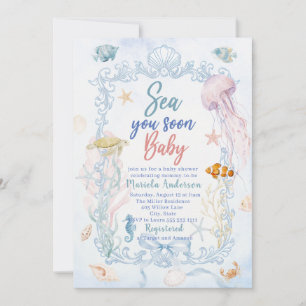 Elegant Watercolor Sea you Soon Summer Ocean Baby Invitation