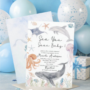 Elegant Watercolor Sea you Soon Summer Ocean Baby Invitation
