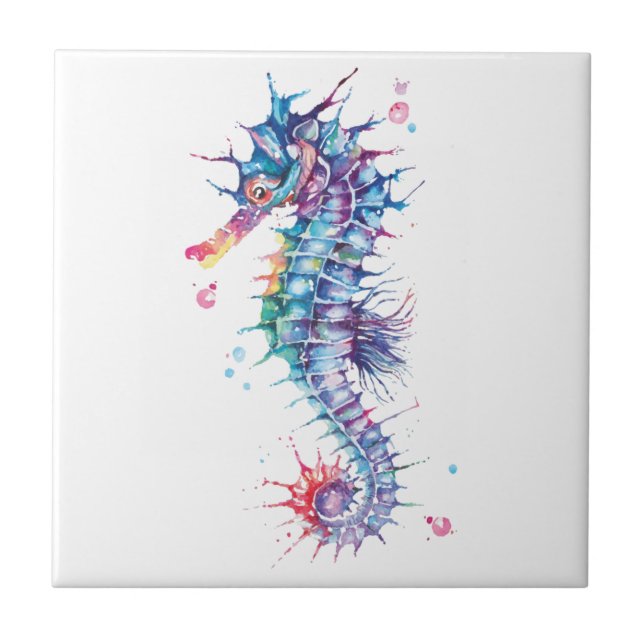 Elegant Watercolor Seahorse Ceramic Tile (Front)