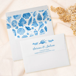 Elegant Watercolor Seashell Blue and White Coastal Envelope