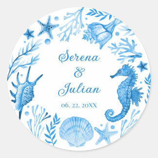 Elegant Watercolor Seashell Wreath Cornflower Blue Classic Round Sticker