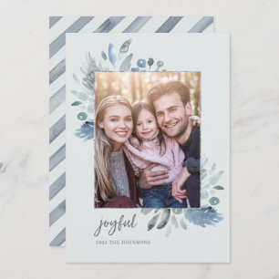Elegant Watercolor & Silver Floral Rustic Photo  H Holiday Card