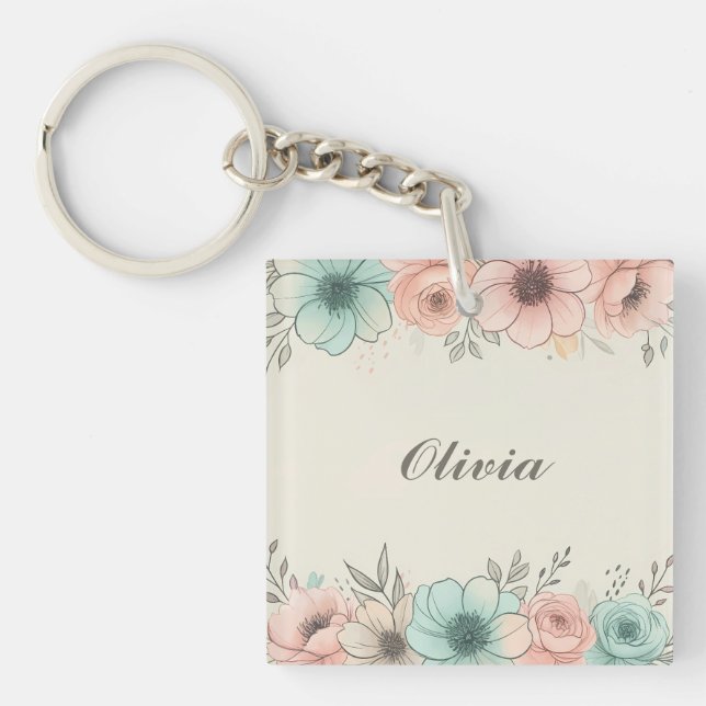 Elegant Watercolor Sketchy Flowers Key Ring (Front)