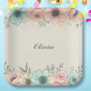 Elegant Watercolor Sketchy Flowers Paper Plate